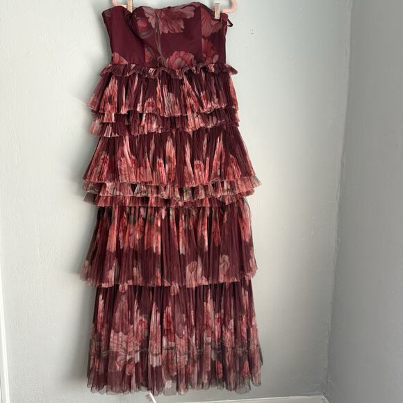 Hutch Strapless Floral Tiered Tulle Maxi Dress Nalina Wine Size 10 Runs Big - Picture 4 of 12